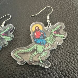 Jesus Riding a T-Rex Comedy Funny earrings
